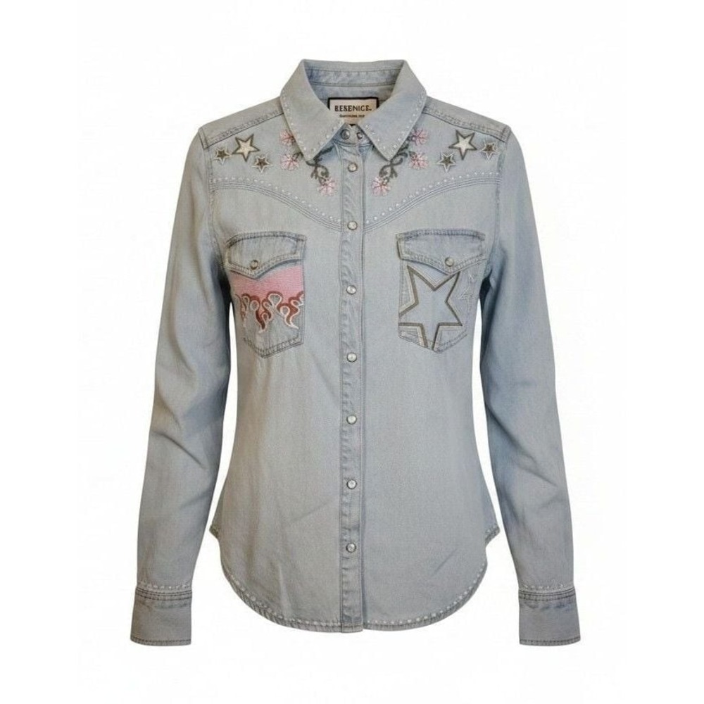 Berenice The Coolest Girl Embroidered Star Flame Western Denim Shirt